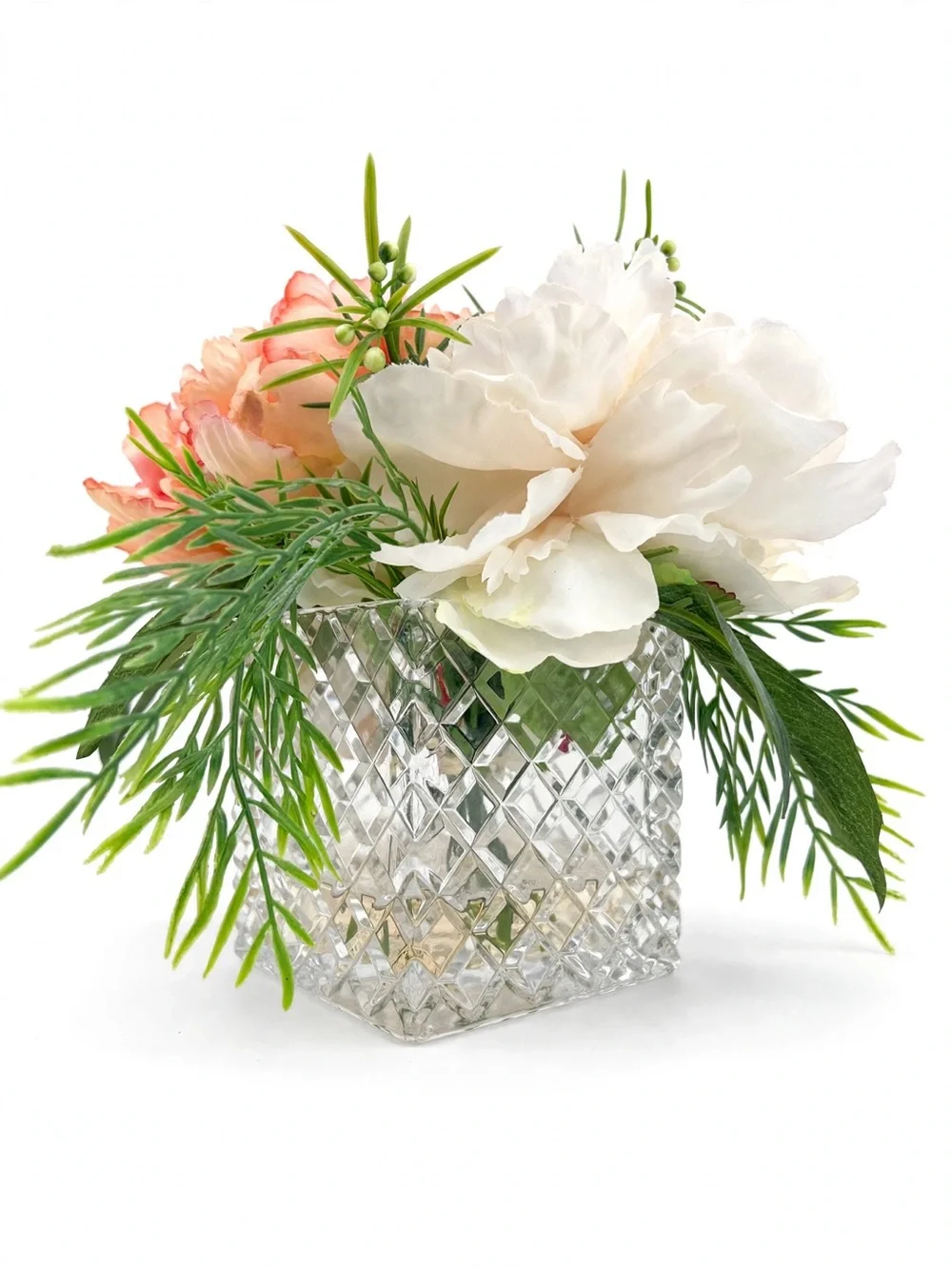 Crystal Diamond Cut Square Vase Faux Peony Bouquet Arrangement Peach Cream White